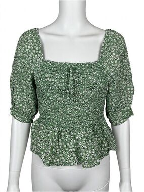 Indigo Rising Smocked Square Neck Peplum Top - Green